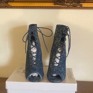 Scene Weaver Blue Woven Lace-Up Peep-Toe Ankle Boots